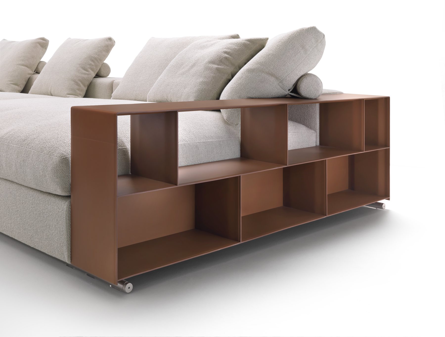 The cowhide console, with shelves beneath